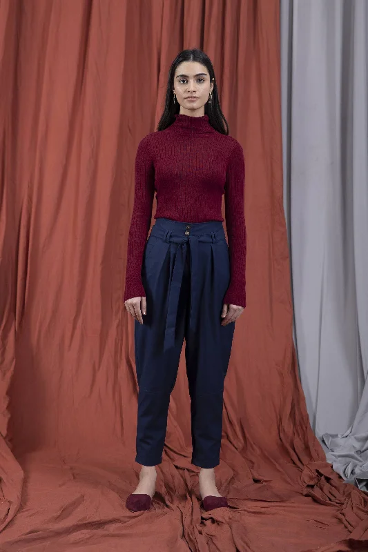 Sapphire -  Slouchy Belted Pants Navy Blue Comfy Cargo Trousers