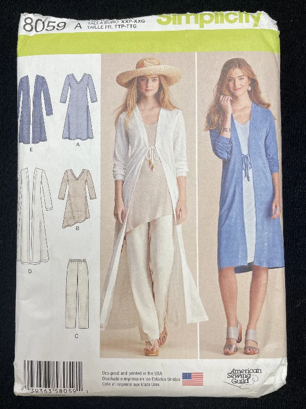 2016 Simplicity 8059 Sewing Pattern - Knit Dress, Tunic, Pants and Duster FACTORY FOLDED Formal Stretch Pants