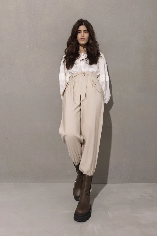 Sapphire -  Tie Belt Pants Beige Elegant High-Waist Pants