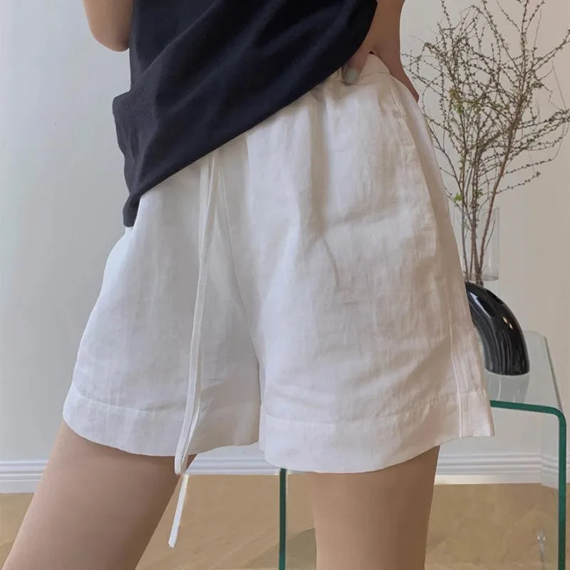 Wjczt White Cotton Linen Shorts Women's Sports Casual Pants 2024 Summer Thin Small Drawstring High Waist Loose Wide Leg Pants High-Waist Jogger Pants