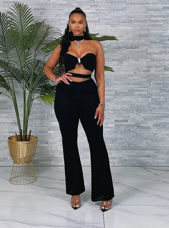 SW3396P-Crop Halter Top & Flare Pants Set High-Waist Jeans