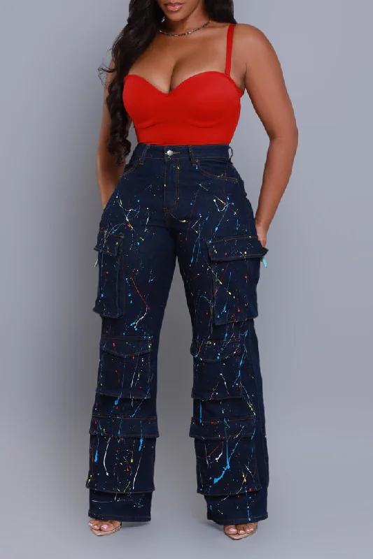 RJH30676P - PAINT SPLATTER CARGO DENIM PANTS Classic Straight Pants
