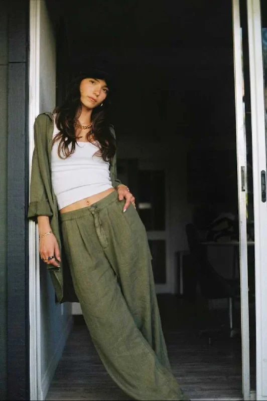 Vintage Linen Blend Wide Leg Pant - Sea Kelp Cozy Fitted Pants
