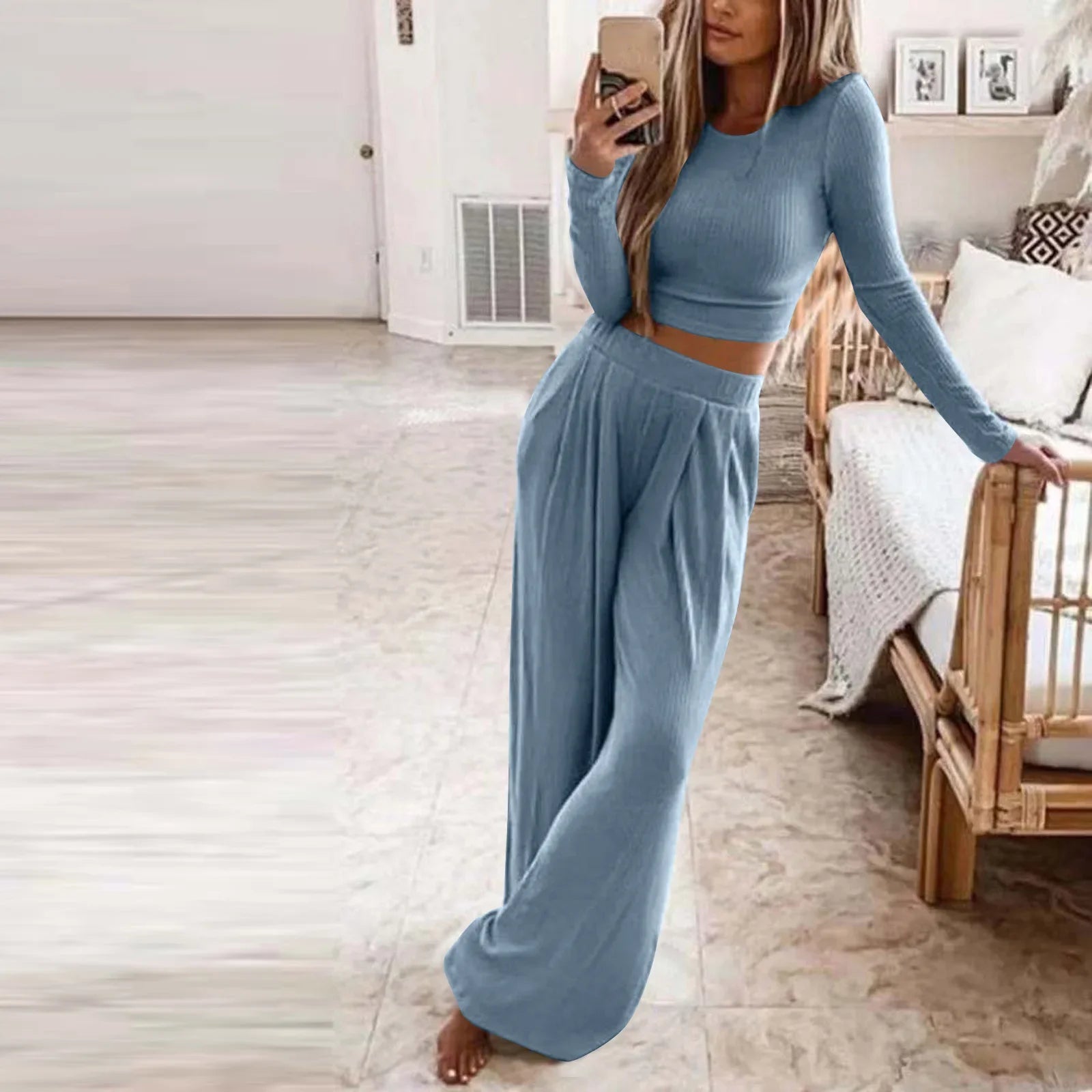 Wjczt Autumn Winter Sleepwear Pajamas for Women Long Sleeve Top + Long Pants Casual Tracksuit Pijama Women's Home Clothes Pajama Sets Comfortable Wide-Leg Pants