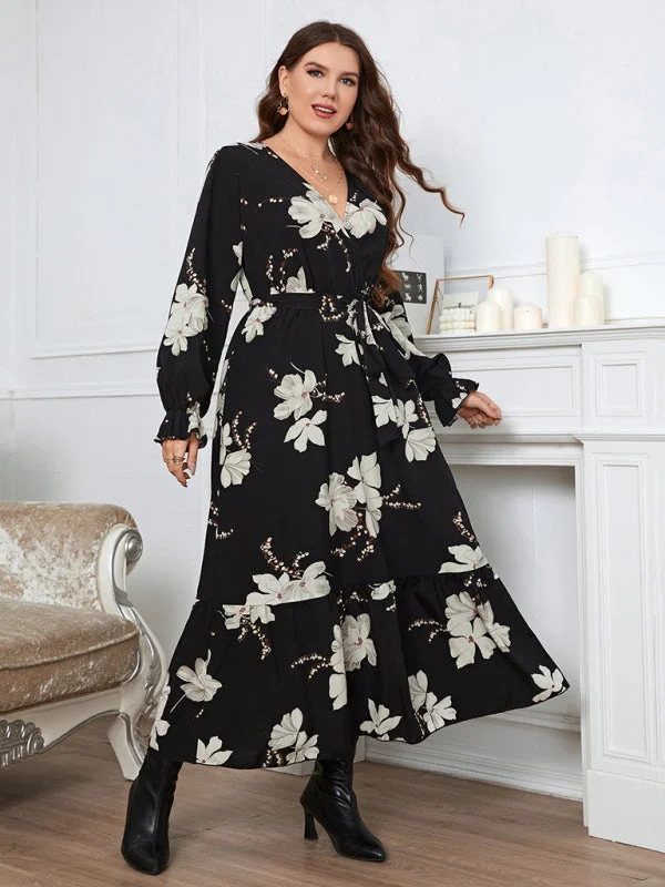 Blue Zone Planet |  Elegant Printed V-Neck Petal Sleeve Dress for Women Plus Size