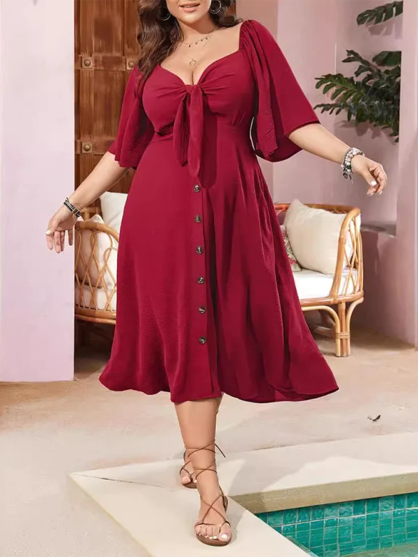 Blue Zone Planet |  Plus size bow V-neck short-sleeved dress