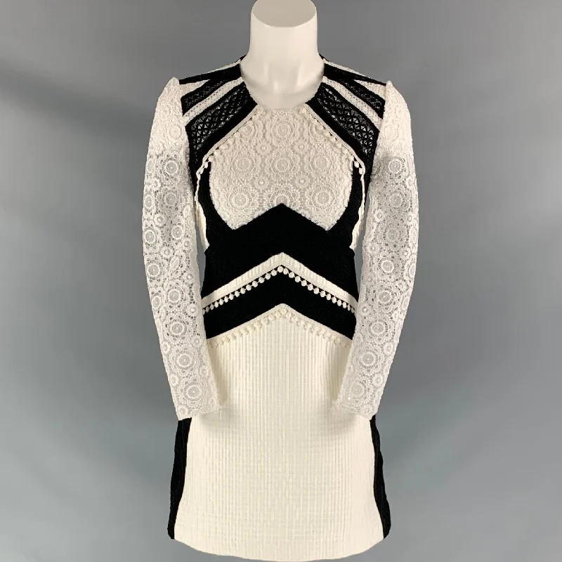 BURBERRY PRORSUM Size 2 White Black Cotton Blend Lace Knee-Length Dress