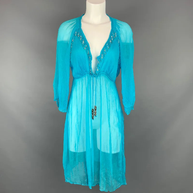 DELFINA Size S Turquoise Silk Beaded Knee-Length Shantung Dress