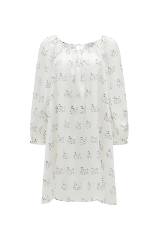 DIAMOND POODLES WHITE SILK PUFF SLEEVE DRESS