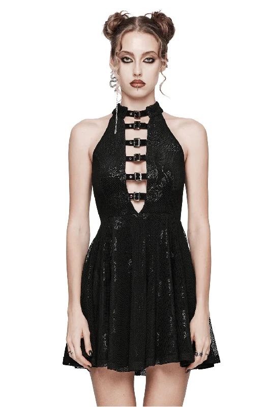 Enchanting Black Gothic Velvet Rose Print Halter Dress