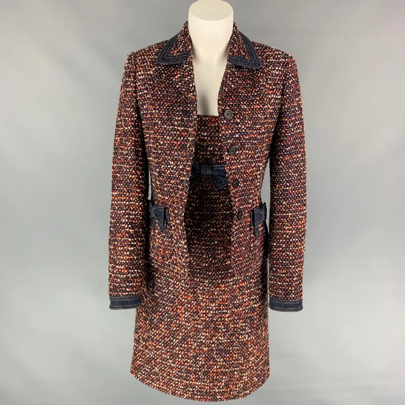 ESCADA Size 4 Navy & Burgundy Textured Boucle Wool Blend Below Knee Dress Set