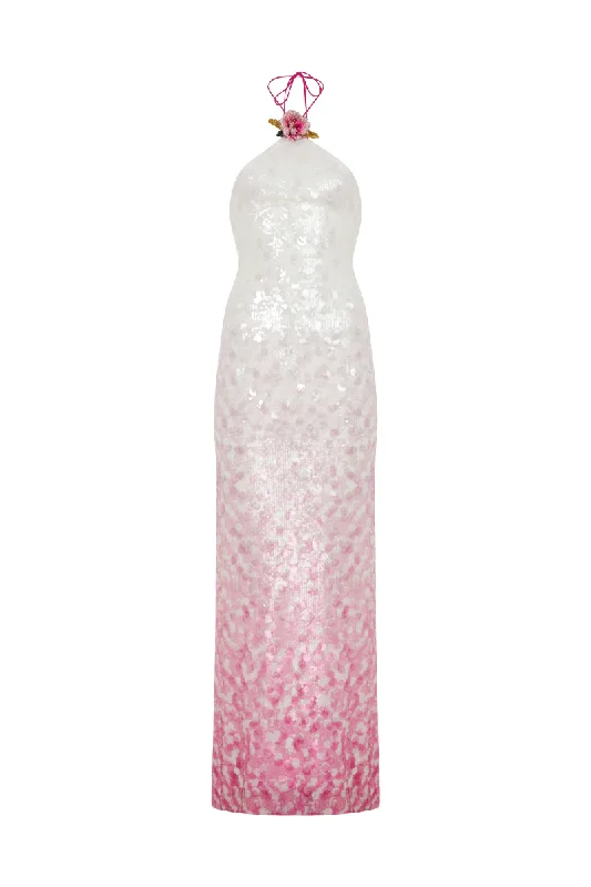 HALTER NECK BACKLESS DRESS IN WHITE TO PINK GRADIENT