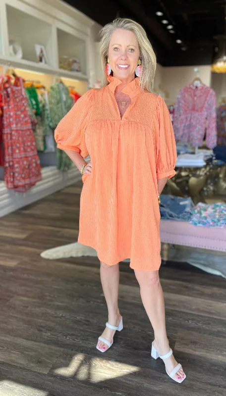 Jade High Neck Puff Sleeve Dress Orange