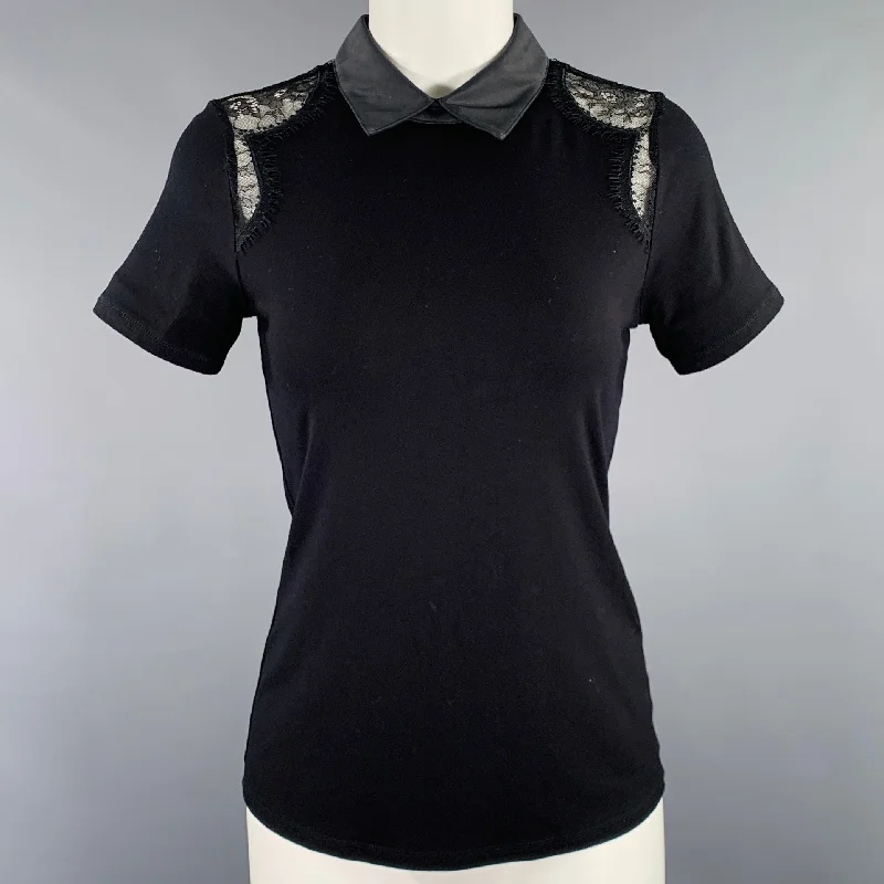 KAREN MILLEN Size S Black Viscose Blend Lace Polo Dress Top