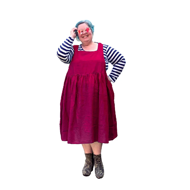 Kelly Linen Square Neckline Pinafore Plus Size Dress with pockets available in sizes 14-40