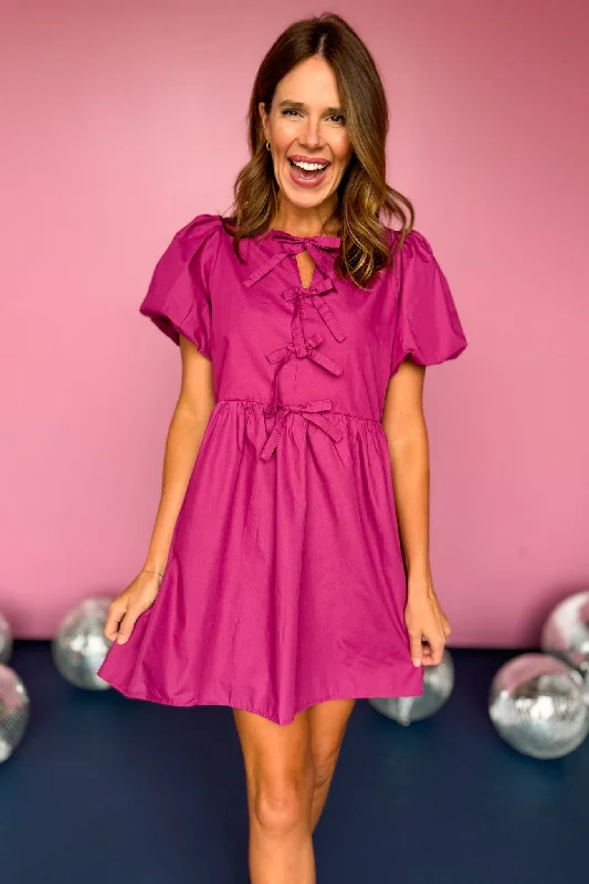 Plum Front Bow Detail Short Bubble Sleeve Dress