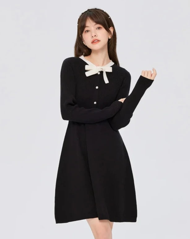 Bow Contrasted Color Elegant Dress