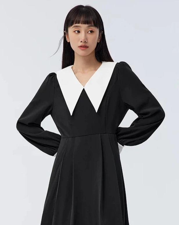 Elegant White Collar Black Dress