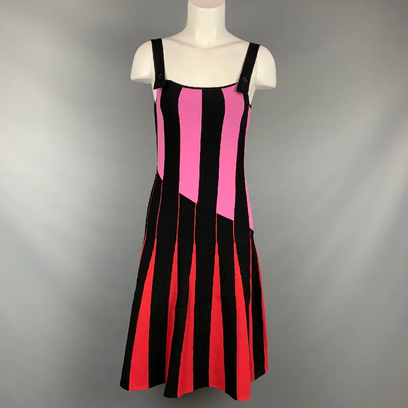 TOMAS MAIER Size 2 Black & Red Viscose / Polyester Stripe Mid-Calf A-line Dress