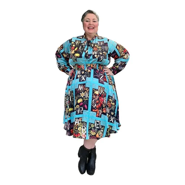 Vintage Alphabet Print Dress with pussy bow tie & pockets available in plus sizes 14-36 made to order