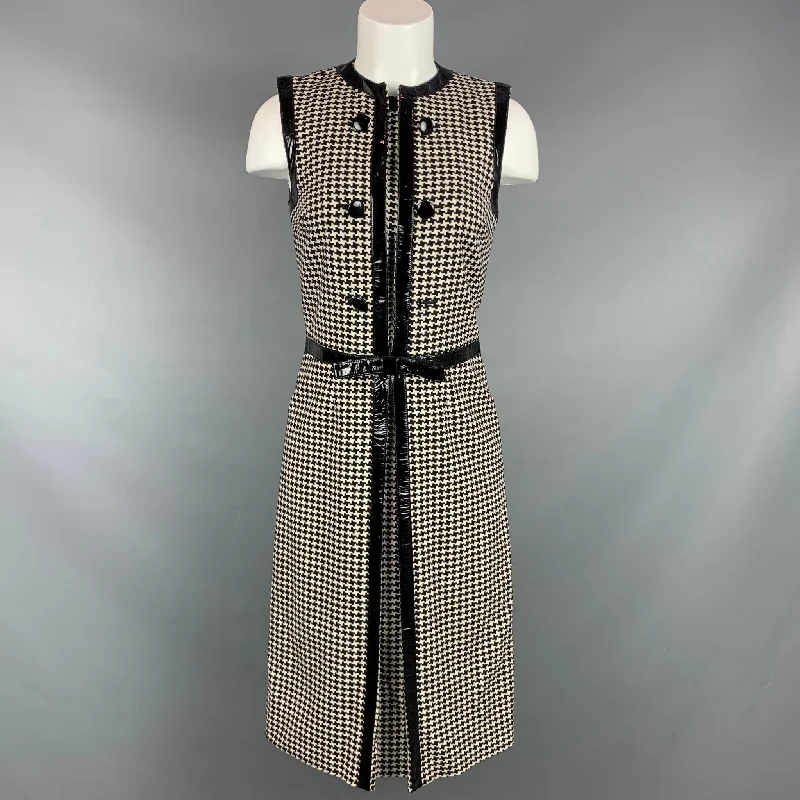 Vintage CHRISTIAN DIOR Size 4 Black & Cream Houndstooth Wool /  Polyester Cocktail Dress