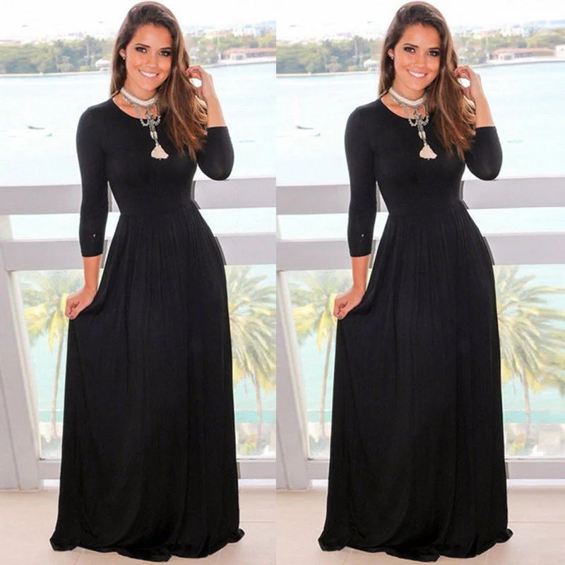 2023  Autumn Women Dress Long Sleeve O-Neck Black Floor-length Maxi Dresses Elegant Lace Maxi Dress