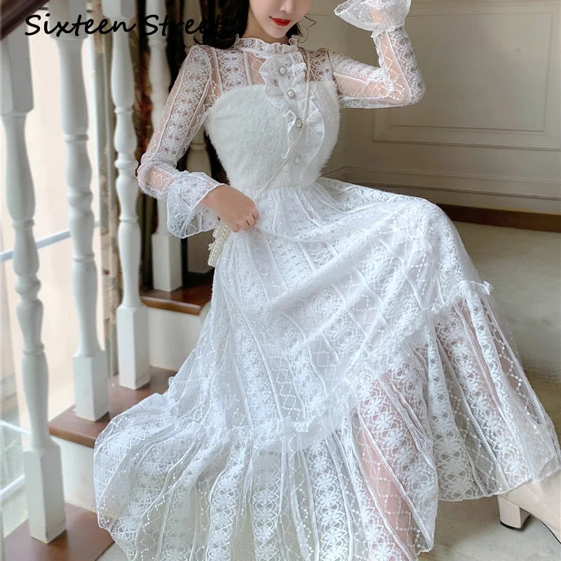 2023 Woman's Dress White Lace Patchwork Long Sleeve Sweet Casual Maxi Dress Female Party Autumn Vestido Beading Button Cozy Knitted Maxi Dress