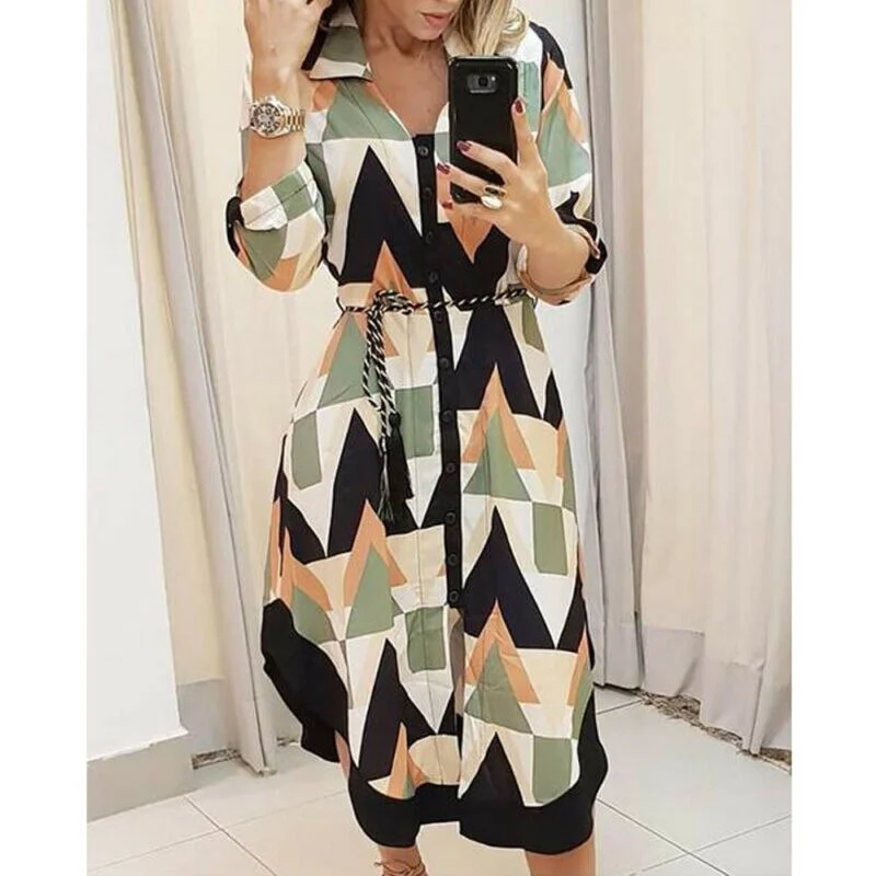2023 Women Casual Dress Wave Pattern Split Hem Long Sleeve Shirt Dress For Women Turn-Down Collar Loose Maxi Dress Lady Fashionable Faux Wrap Maxi Dress