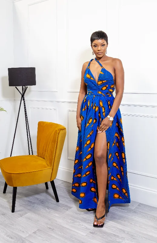 African Print Blue Infinity Multiway Maxi Dress - ELLA Cozy Knitted Maxi Dress