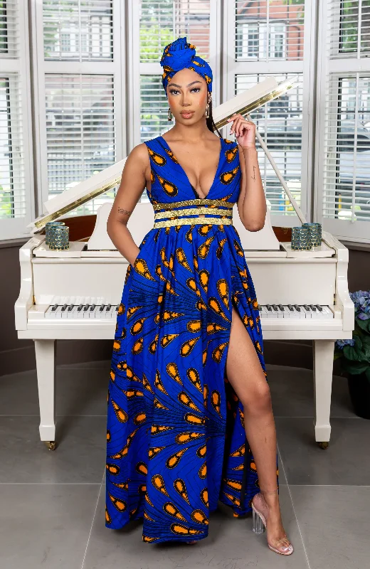 African Print Blue Plunge Neckline Maxi Dress - ELLA Chic Sleeveless Maxi Dress