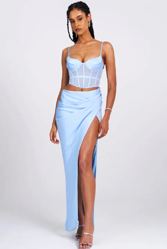 ALLISON CORSET CUTOUT SATIN MAXI DRESS Cozy Maxi Dress with Slit