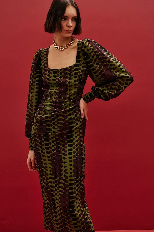 Anabel Silk Maxi Dress | Khaki & Burgundy Comfortable Satin Maxi Dress