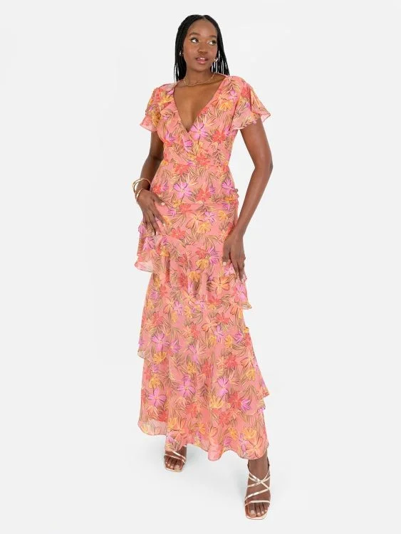 Anaya With Love Recycled Floral Lace Up Back Chiffon Maxi Dress Comfortable T-Shirt Maxi Dress