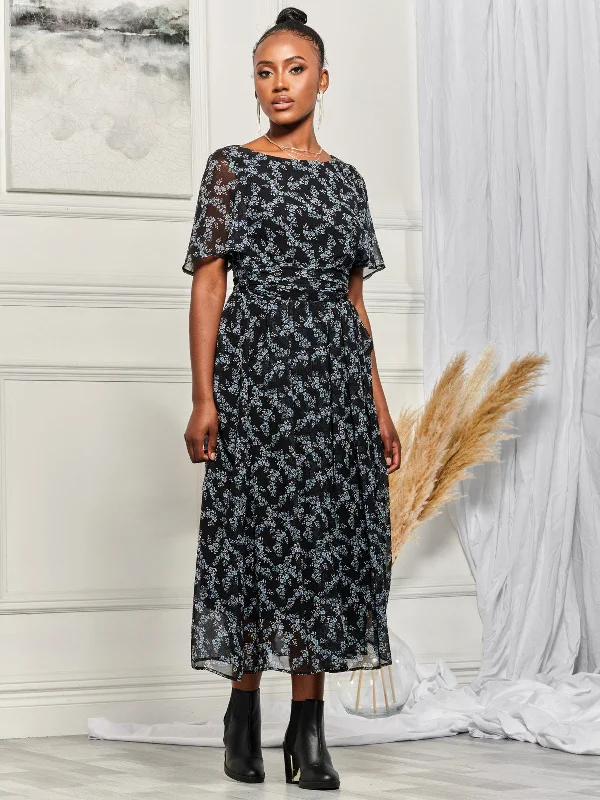 Angel Sleeve Chiffon Maxi Dress, Black Ditsy Comfortable Long-Sleeve Maxi Dress