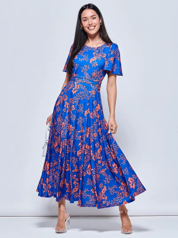 Angel Sleeve Jersey Maxi Dress, Royal Floral Trendy Maxi Dress with Belt