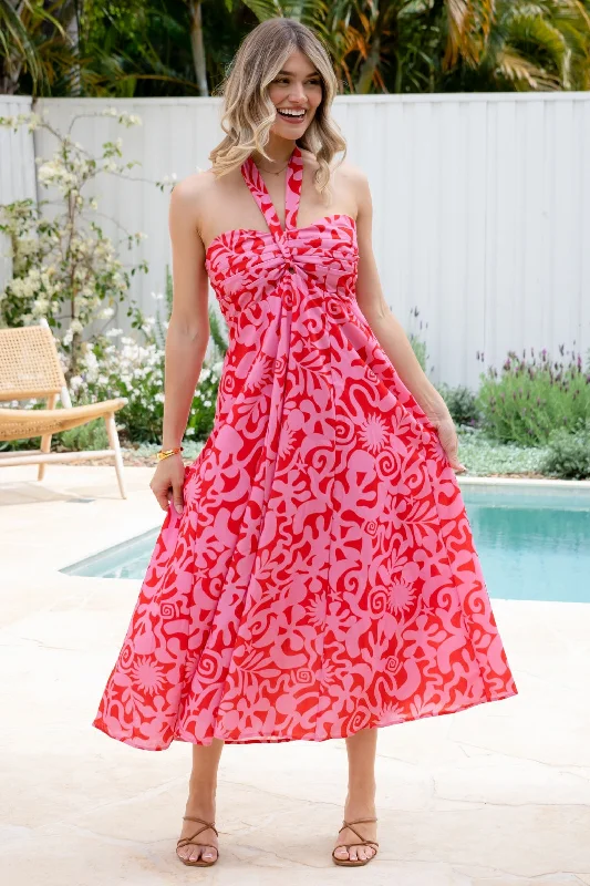 Aphrodite Halter Maxi Dress Solstice Print Red Pink Comfortable Flowy Maxi Dress