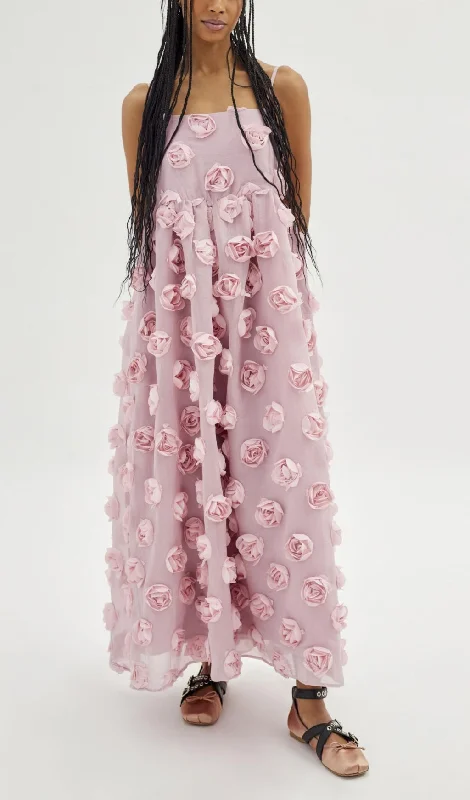 APPLIQUE A-LINE MAXI DRESS IN PINK Trendy Satin Maxi Dress