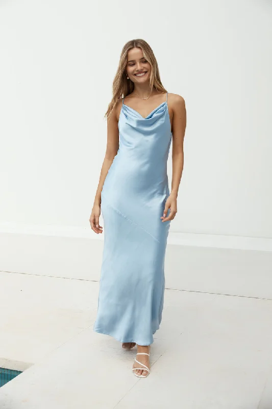 Ariella Satin Maxi Dress Blue Cozy Maxi Dress with Slit
