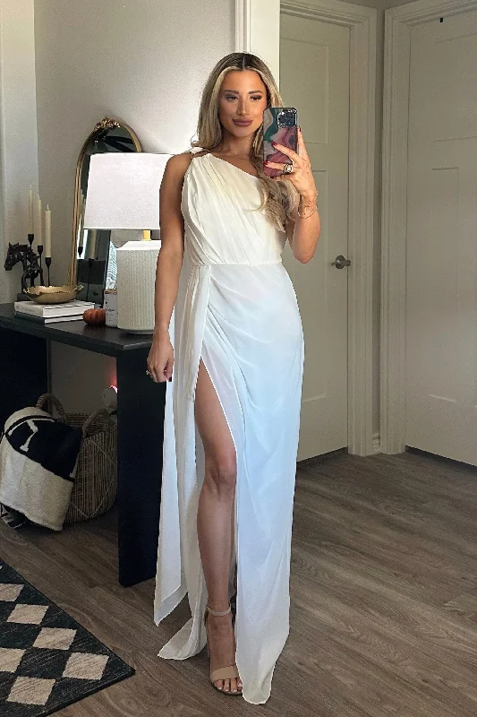 Athena One Shoulder Cape Sleeve Maxi Dress: White Cozy Maxi Dress with Slit