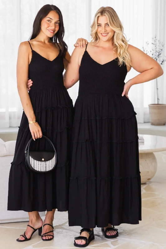 Austen V-Neck Shirred Maxi Dress Black Fashionable Printed Maxi Dress