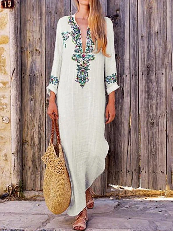 Autumn V Neck Long Sleeve Linen Cotton Maxi Dress Trendy Maxi Dress with Lace