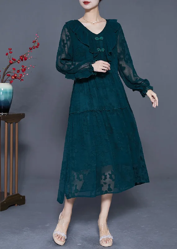 Beautiful Blackish Green Ruffled Patchwork Silk Maxi Dress Summer Stylish V-Neck Maxi Dress Beautiful Blackish Green Ruffled Patchwork Silk Maxi Dress Summer Stylish V-Neck Maxi Dress