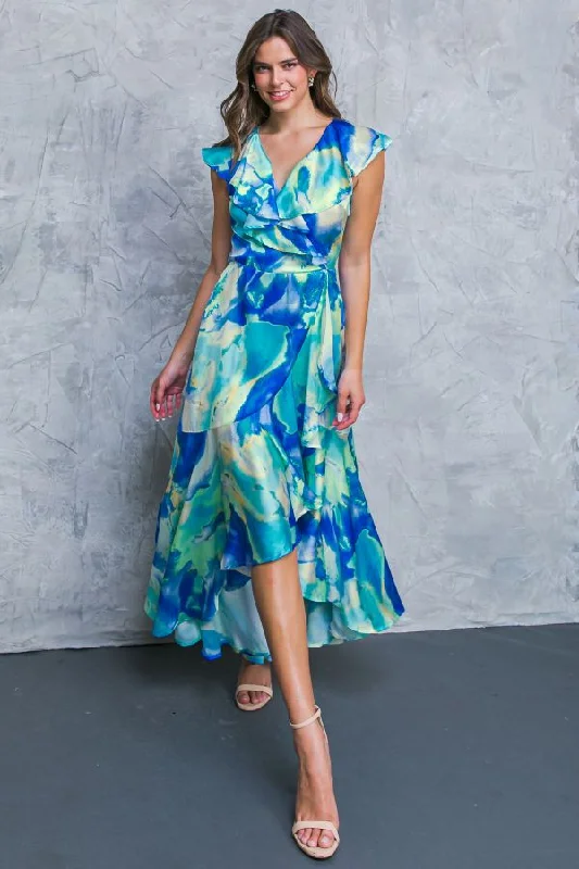 BLUE MULTI SATIN HI-LOW SURPLICE MAXI DRESS Comfortable Bohemian Maxi Dress