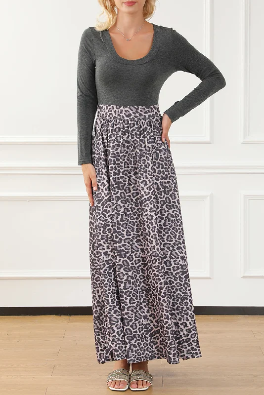 Blue Zone Planet |  Black Long Sleeve Fitted Bodice Leopard Maxi Dress Fashionable Faux Wrap Maxi Dress