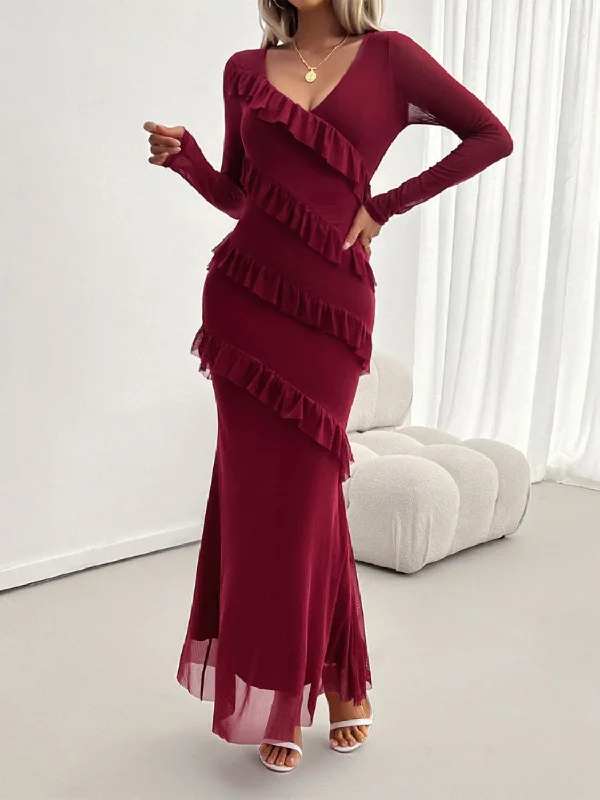 Blue Zone Planet | Devine Ruffled Surplice Long Sleeve Maxi Dress Trendy Off-Shoulder Ruffle Maxi Dress Blue Zone Planet | Devine Ruffled Surplice Long Sleeve Maxi Dress Trendy Off-Shoulder Ruffle Maxi Dress