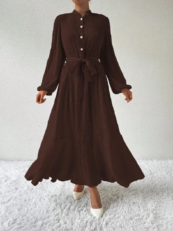 Blue Zone Planet | Half Button Tie Waist Long Sleeve Maxi Dress Elegant Maxi Dress with Lace Blue Zone Planet | Half Button Tie Waist Long Sleeve Maxi Dress Elegant Maxi Dress with Lace