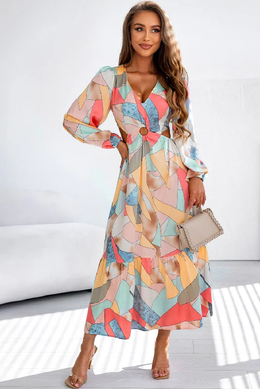 Blue Zone Planet |  Multicolor Abstract Print O-ring Cut out Long Sleeve Maxi Dress Comfortable Fitted Maxi Dress