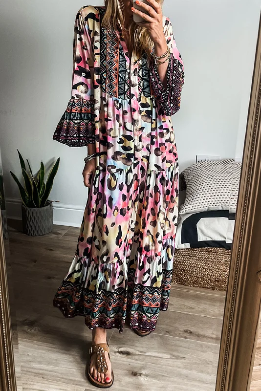 Blue Zone Planet |  Pink Western Leopard Printed 3/4 Sleeve Buttoned Front Tiered Maxi Dress Trendy Floral Print Maxi Dress