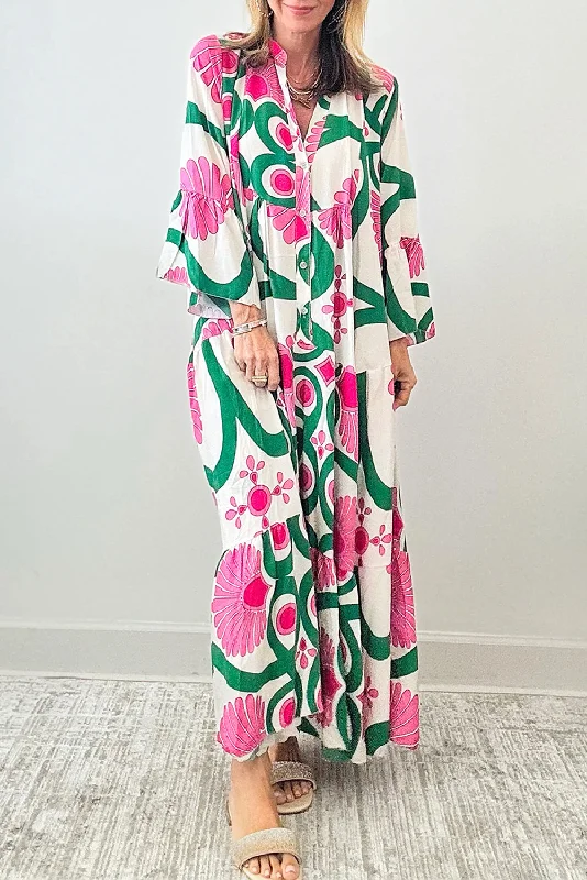Blue Zone Planet |  Printed Notched Long Sleeve Maxi Dress Stylish A-Line Maxi Dress