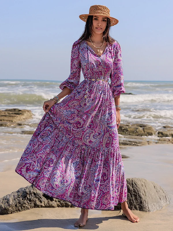 Blue Zone Planet | Printed Tie Neck Balloon Sleeve Maxi Dress Elegant Velvet Maxi Dress Blue Zone Planet | Printed Tie Neck Balloon Sleeve Maxi Dress Elegant Velvet Maxi Dress